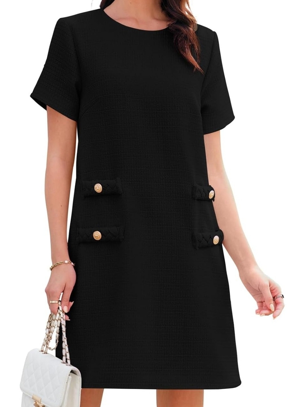 Women's Black Short-Sleeve Mini Shift Dress with Gold Button Details